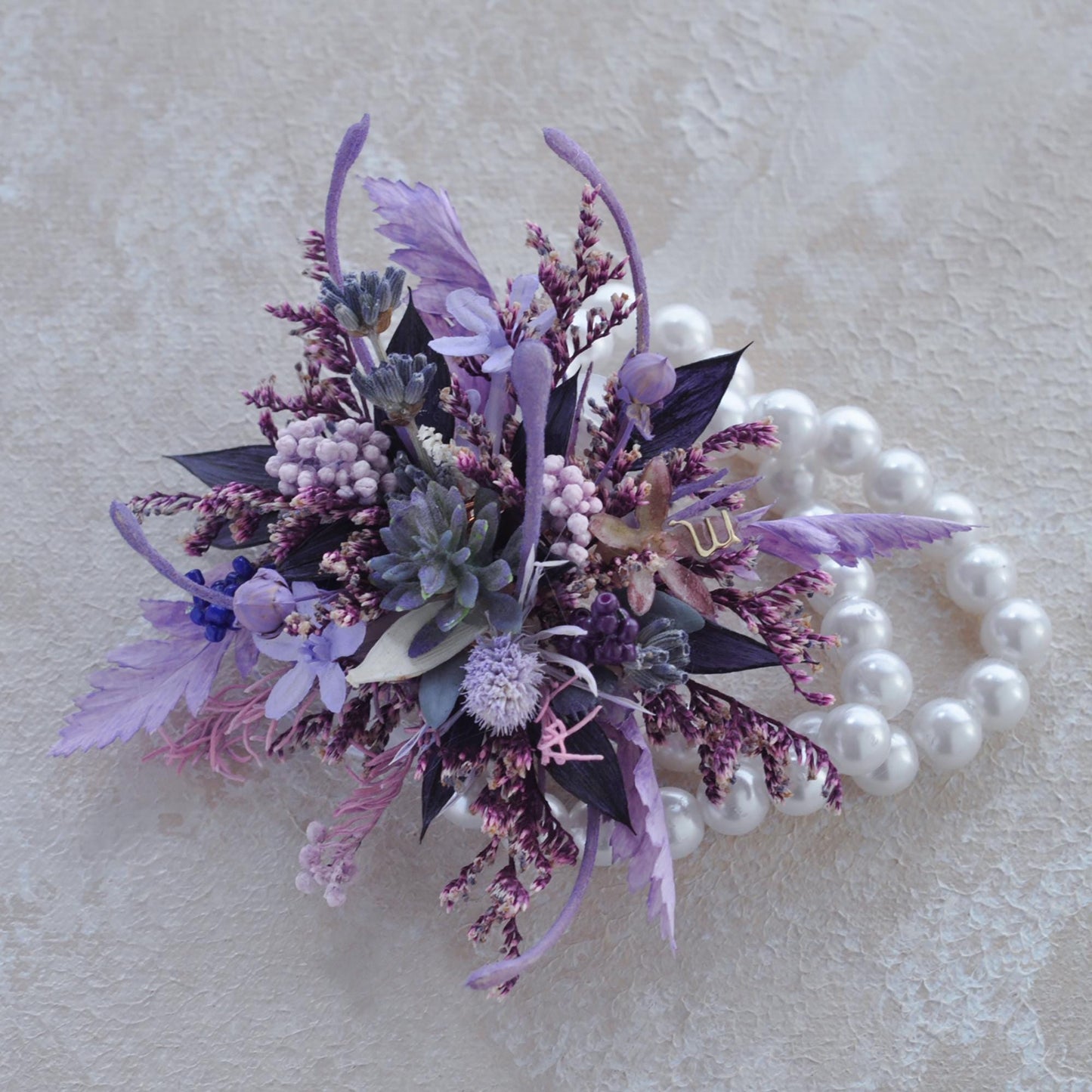 Personalized Purple Wildflower Pearl Bracelet - Perfect Wrist Corsage Gift for Scorpio Bride, Prom, Birthday, Mother’s Day, Anniversary Gift