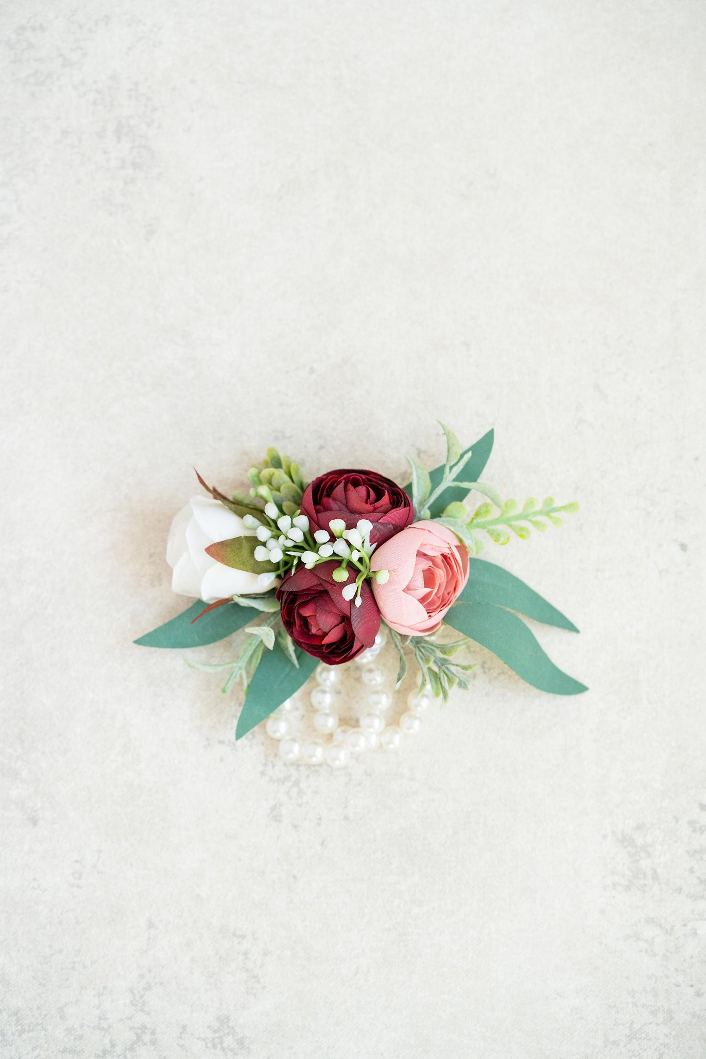 Burgundy Pearl Bracelet - Wrist Corsage Gift For Her BOHO Wedding,Bridesmaid,Prom,Mom,Dusty Rose Bridal Accessories, Best Man Boutonniere