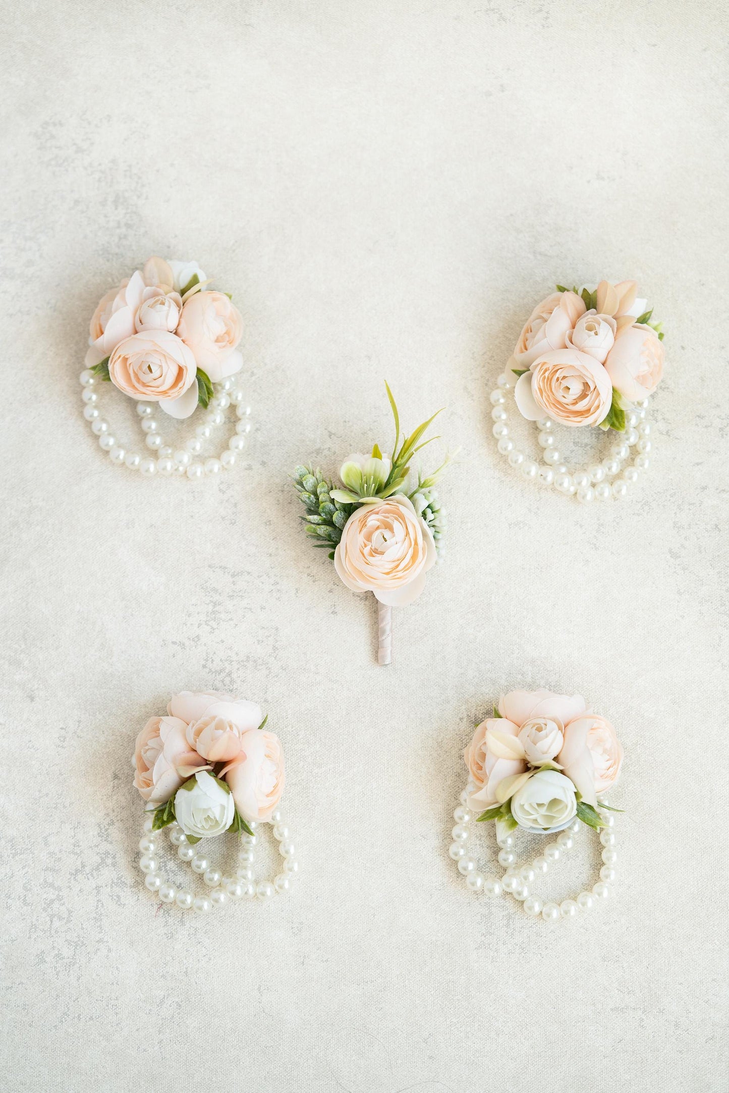 Soft Champagne Rose Pearl Bracelet Wrist Corsage, Silk Ranunculus Corsage, Flower Girl Corsage, Rustic Rose Prom Boutonniere, Gift for Her
