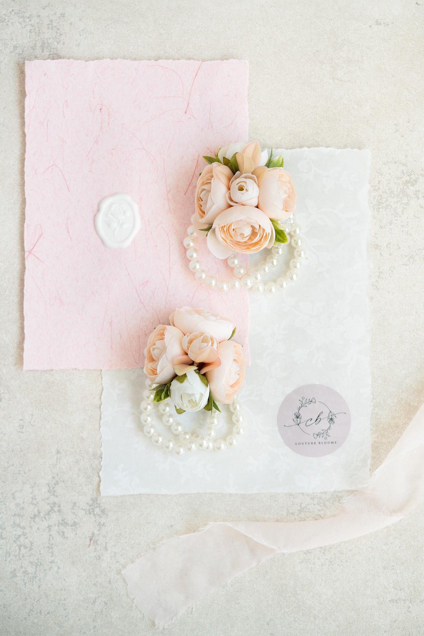 Soft Champagne Rose Pearl Bracelet Wrist Corsage, Silk Ranunculus Corsage, Flower Girl Corsage, Rustic Rose Prom Boutonniere, Gift for Her