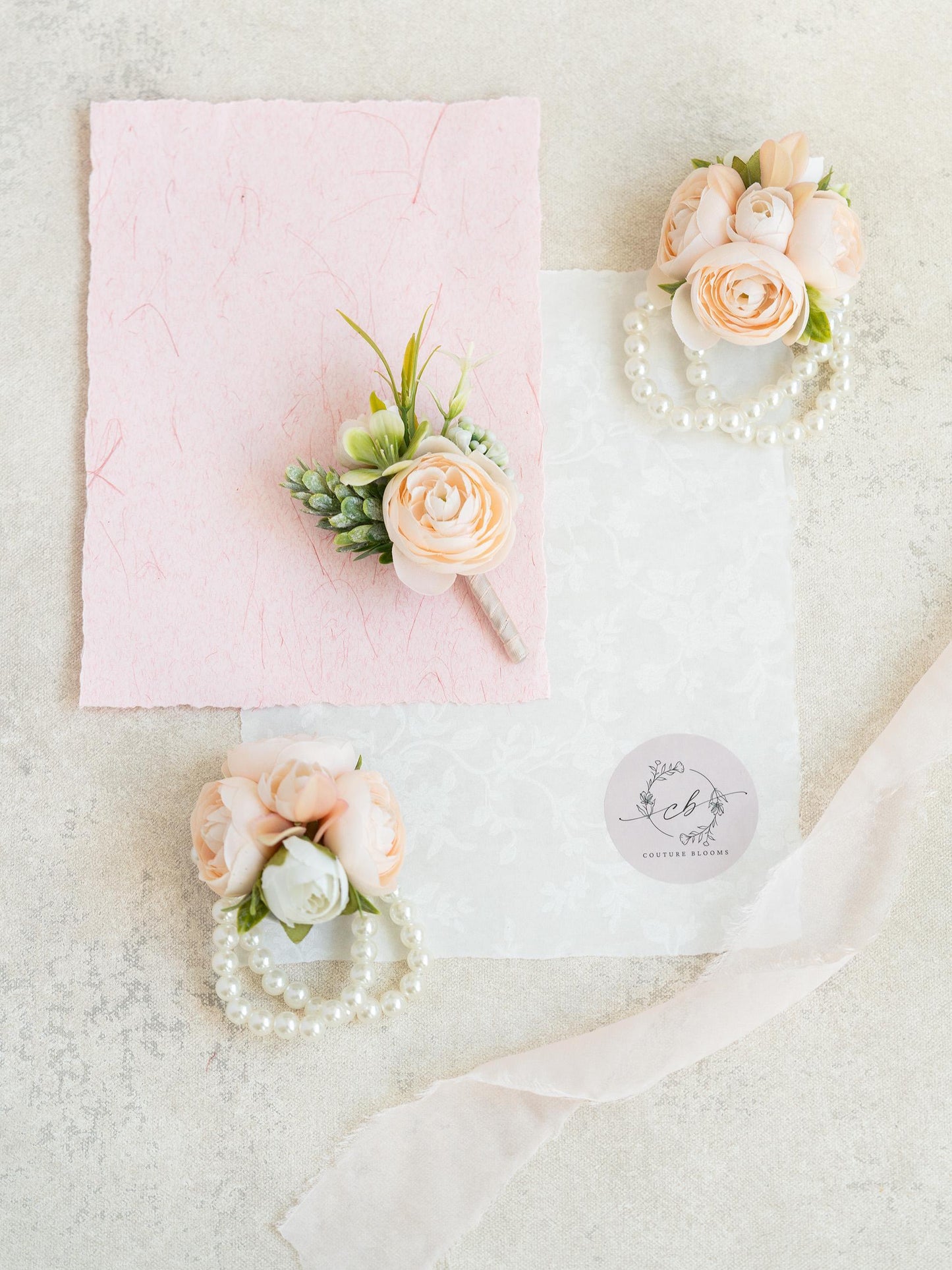 Soft Champagne Rose Pearl Bracelet Wrist Corsage, Silk Ranunculus Corsage, Flower Girl Corsage, Rustic Rose Prom Boutonniere, Gift for Her