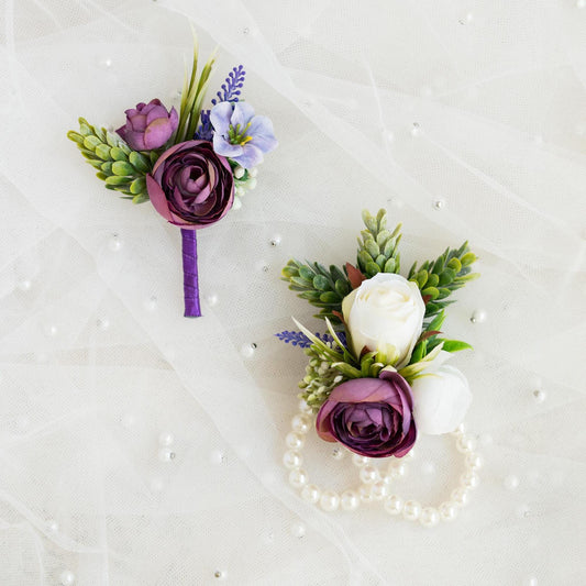 Rustic Purple Rose Pearl Bracelet Wrist Corsage For Mom, Bridesmaid Gift, Prom, Wedding Bridal Accessories, Best Man Groom Boutonniere Gift