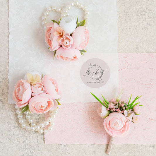 Light Pink Rose Pearl Bracelet Wrist Corsage, Silk Ranunculus Corsage Gift, Rustic Rose Pin for Groomsmen Prom, Wedding Flower Bracelet