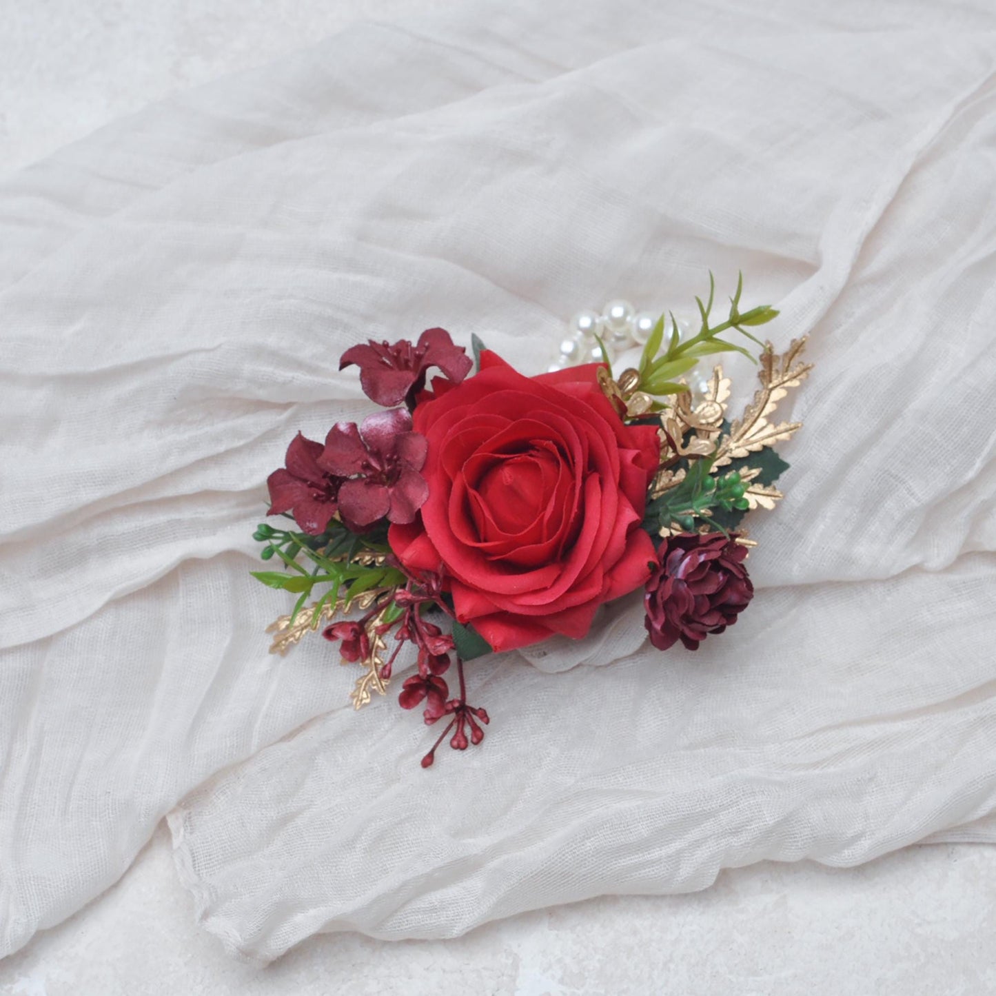 Large Real Touch Red Rose Pearl Bracelet Wrist Corsage Gift for Bridesmaid, Mom Anniversary, Bridal Accessories, Best Man Boutonniere Prom