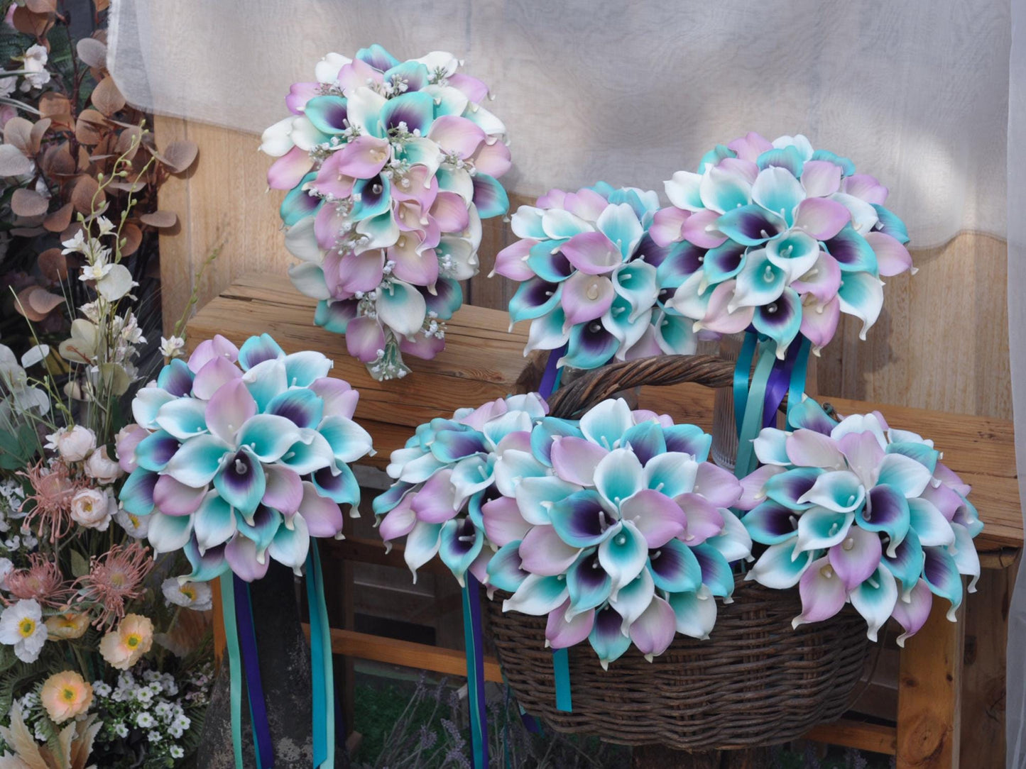 Tiffany Blue Picasso Calla Lily Bridal Bouquet, Real Touch Aqua Spa Bridesmaid Bouquet, Real Touch Lilac Wedding Bouquet, Wedding Gift