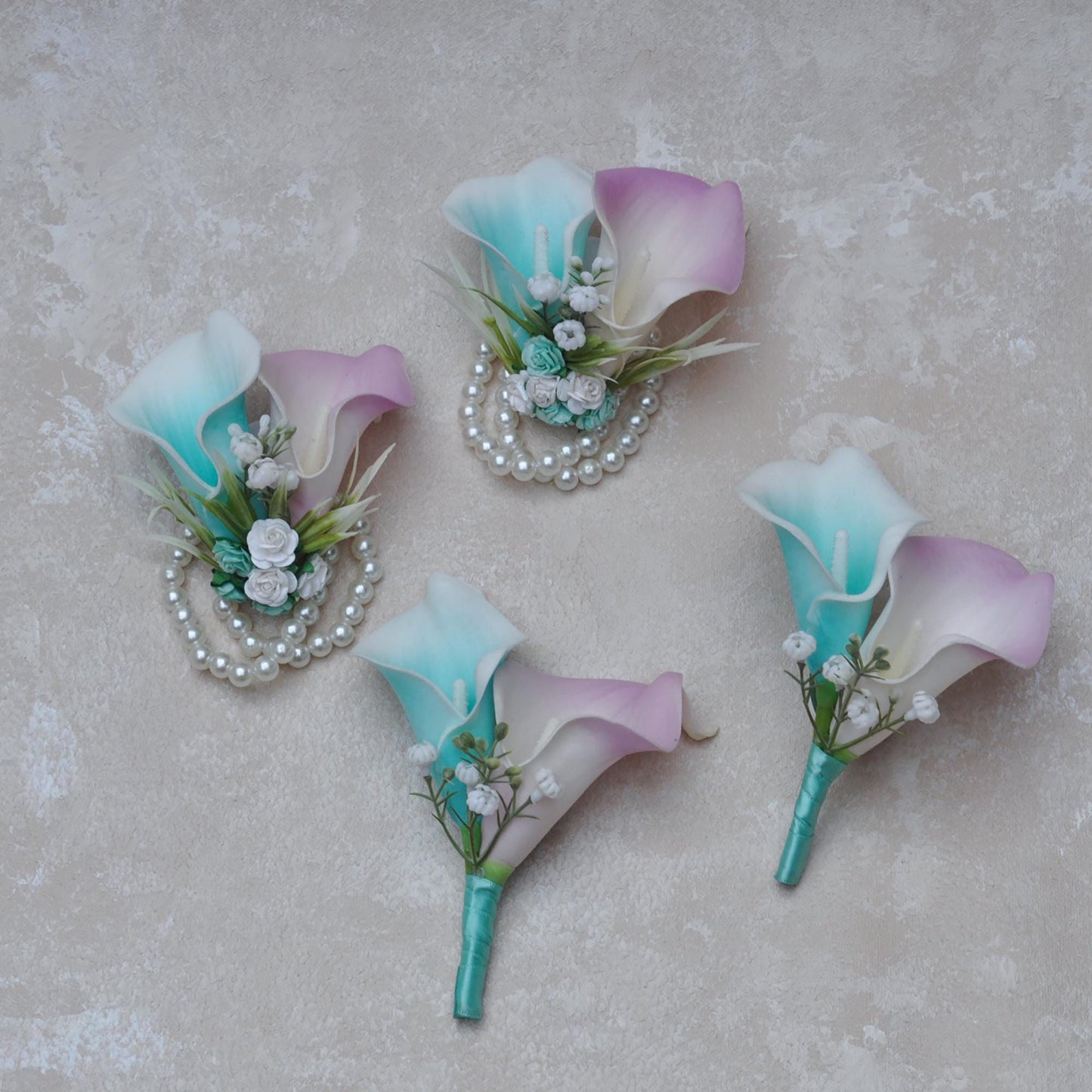 Tiffany Blue Picasso Calla Lily Bridal Bouquet, Real Touch Aqua Spa Bridesmaid Bouquet, Real Touch Lilac Wedding Bouquet, Wedding Gift