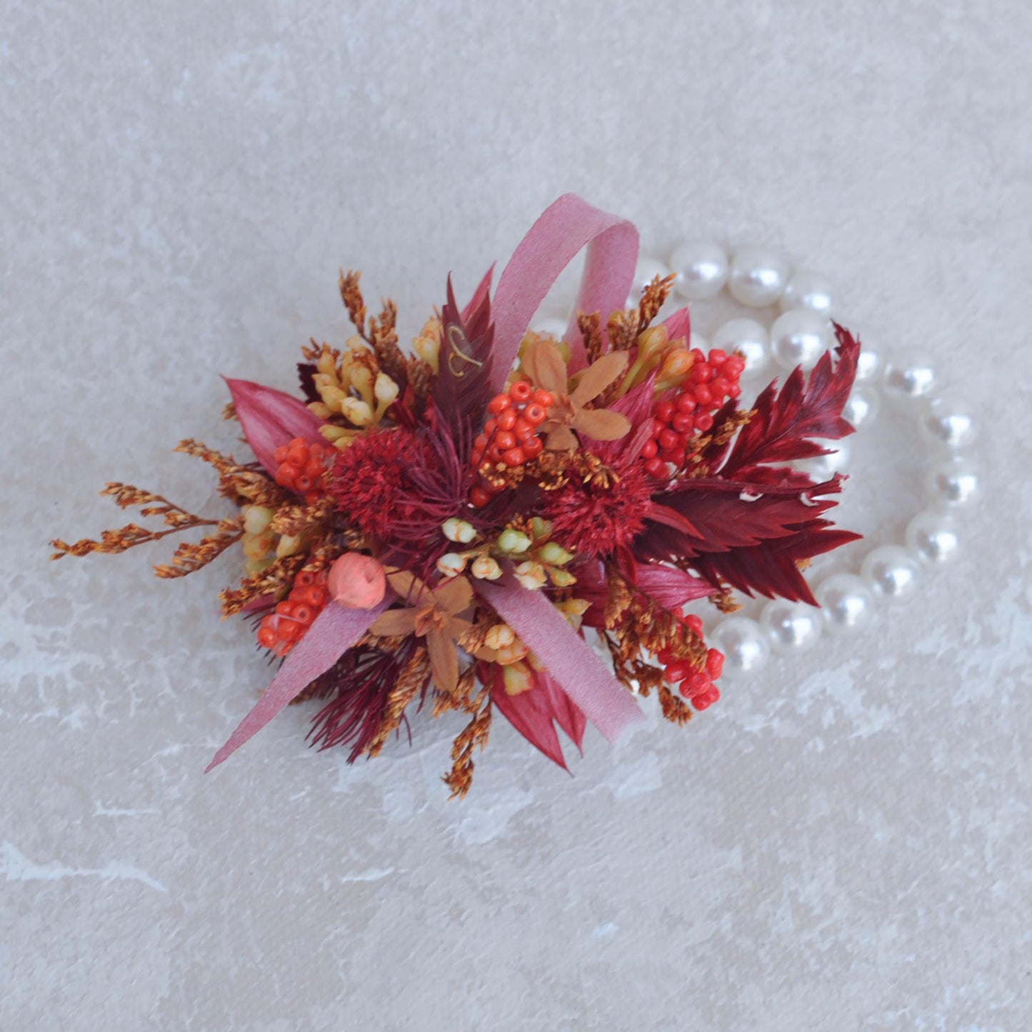 Personalized Red Wildflower Pearl Bracelet - Perfect Gift for Aries Bride, Boho Wedding Wrist Corsage, Prom, Bridesmaid, Anniversary Gift