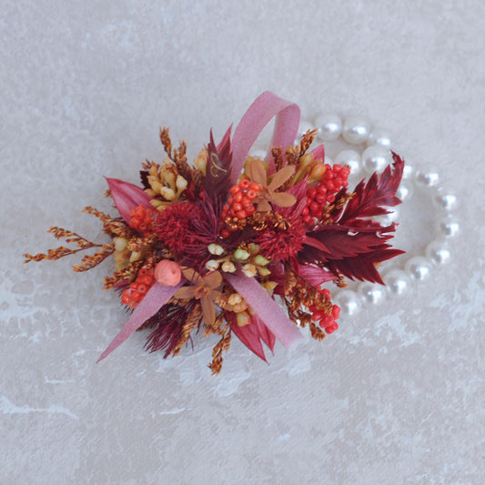 Personalized Red Wildflower Pearl Bracelet - Perfect Gift for Aries Bride, Boho Wedding Wrist Corsage, Prom, Bridesmaid, Anniversary Gift