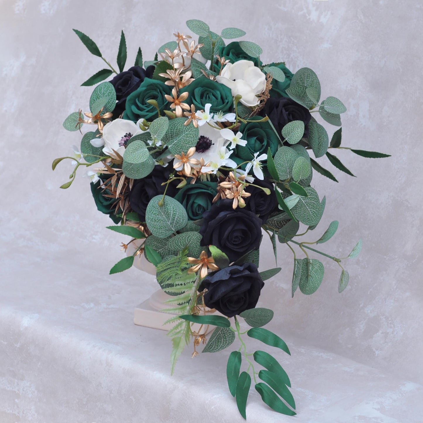 Cascade Botanic Bridal Bouquet, Olive Green Eucalyptus Bridesmaid Bouquet, Historic Black Rose Wedding Bouquet, Bridal Accessories Gift