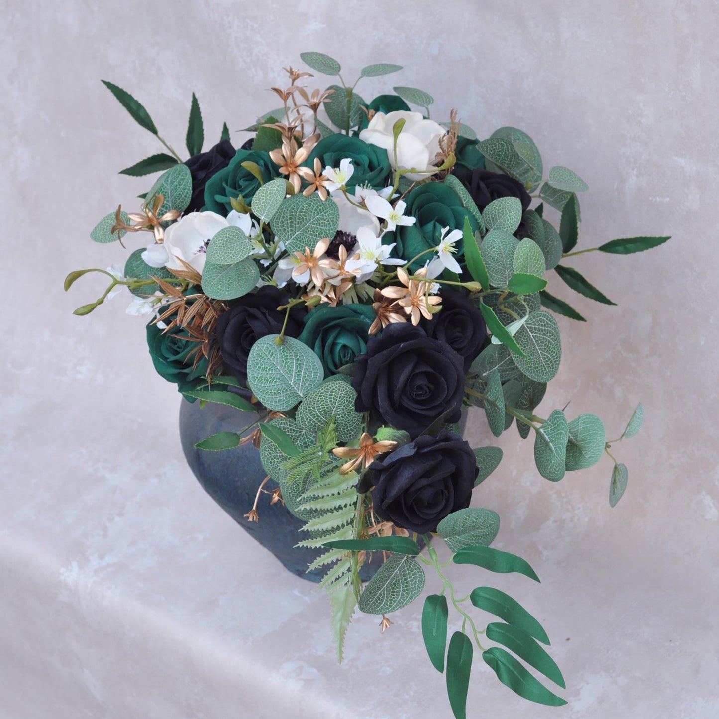 Cascade Botanic Bridal Bouquet, Olive Green Eucalyptus Bridesmaid Bouquet, Historic Black Rose Wedding Bouquet, Bridal Accessories Gift