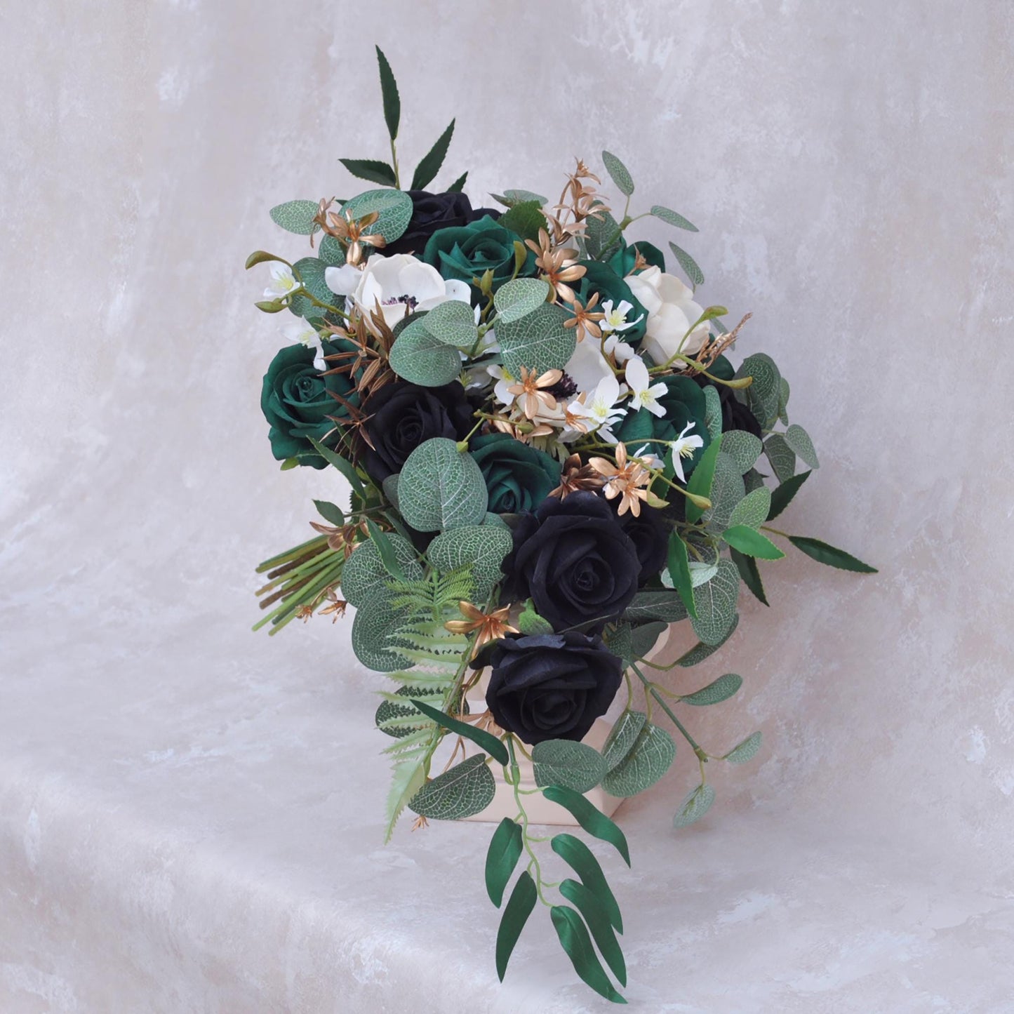 Cascade Botanic Bridal Bouquet, Olive Green Eucalyptus Bridesmaid Bouquet, Historic Black Rose Wedding Bouquet, Bridal Accessories Gift