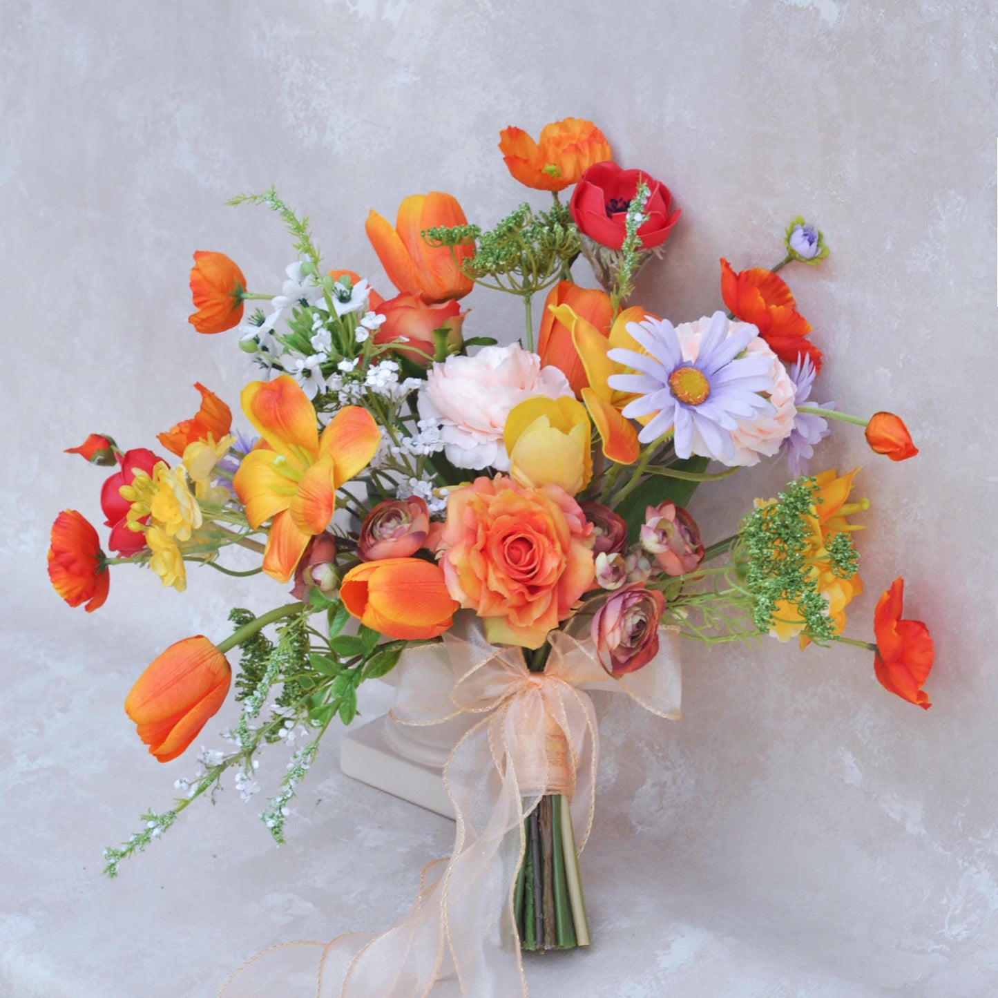 Large Bohemian Rose Bridal Bouquet For Rustic Fall Wedding - Real Touch Sunset Tulip Bouquet, Boho Wedding Bridesmaid Bouquet Gift Box