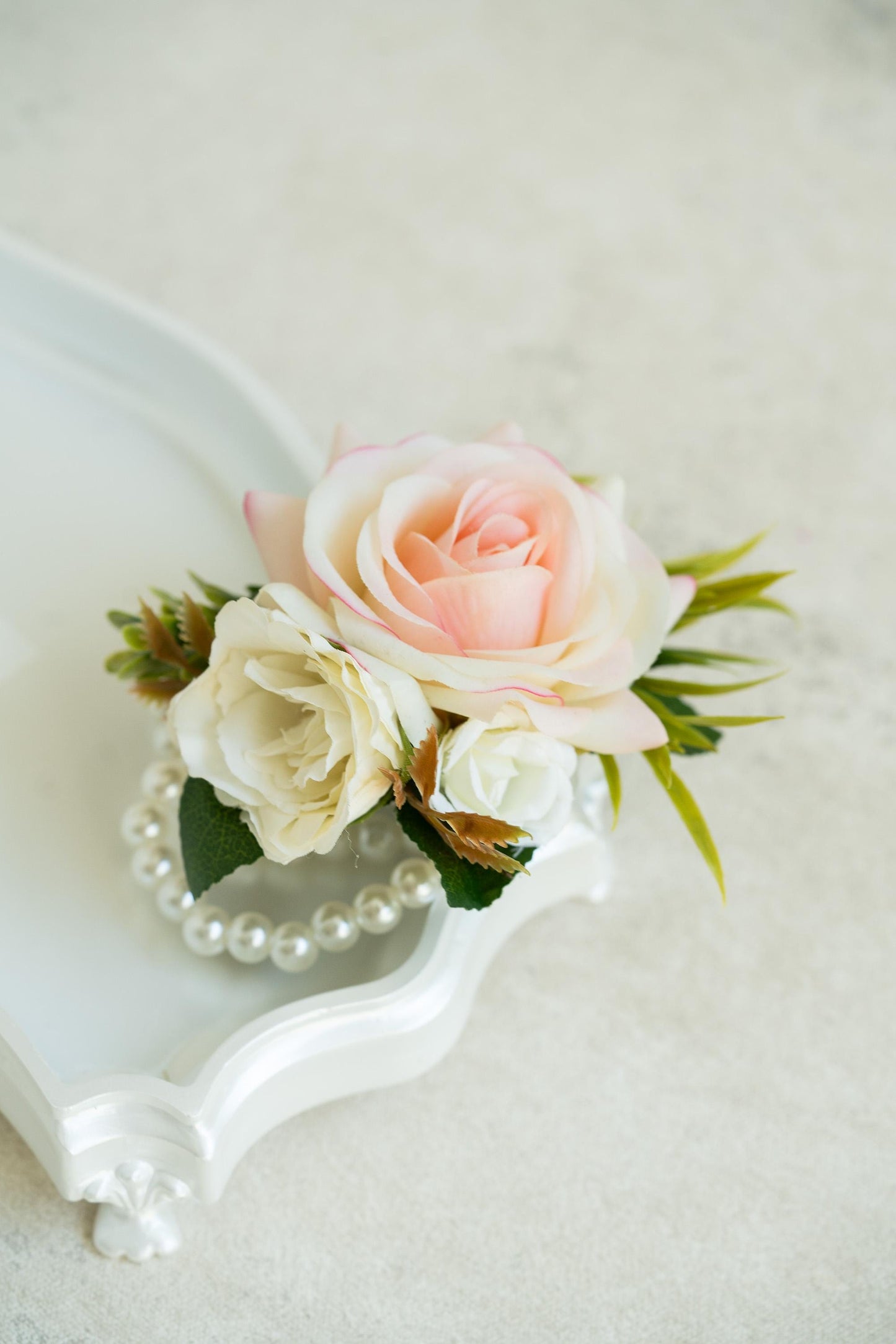 Real Touch Champagne Pink Rose Pearl Bracelet Wrist Corsage Gift For Her Mom, Prom, Bridesmaid Bridal Accessories, Boutonniere Wedding Gift