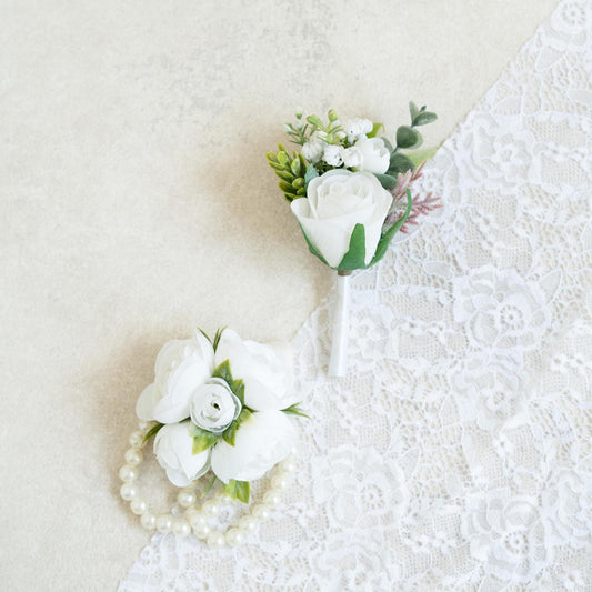 Cute White Rose Pearl Bracelet Corsage Bridesmaid Gift for Her, Anniversary, Baby Shower, Bridal Accessories, Prom Boutonniere Groom Gift
