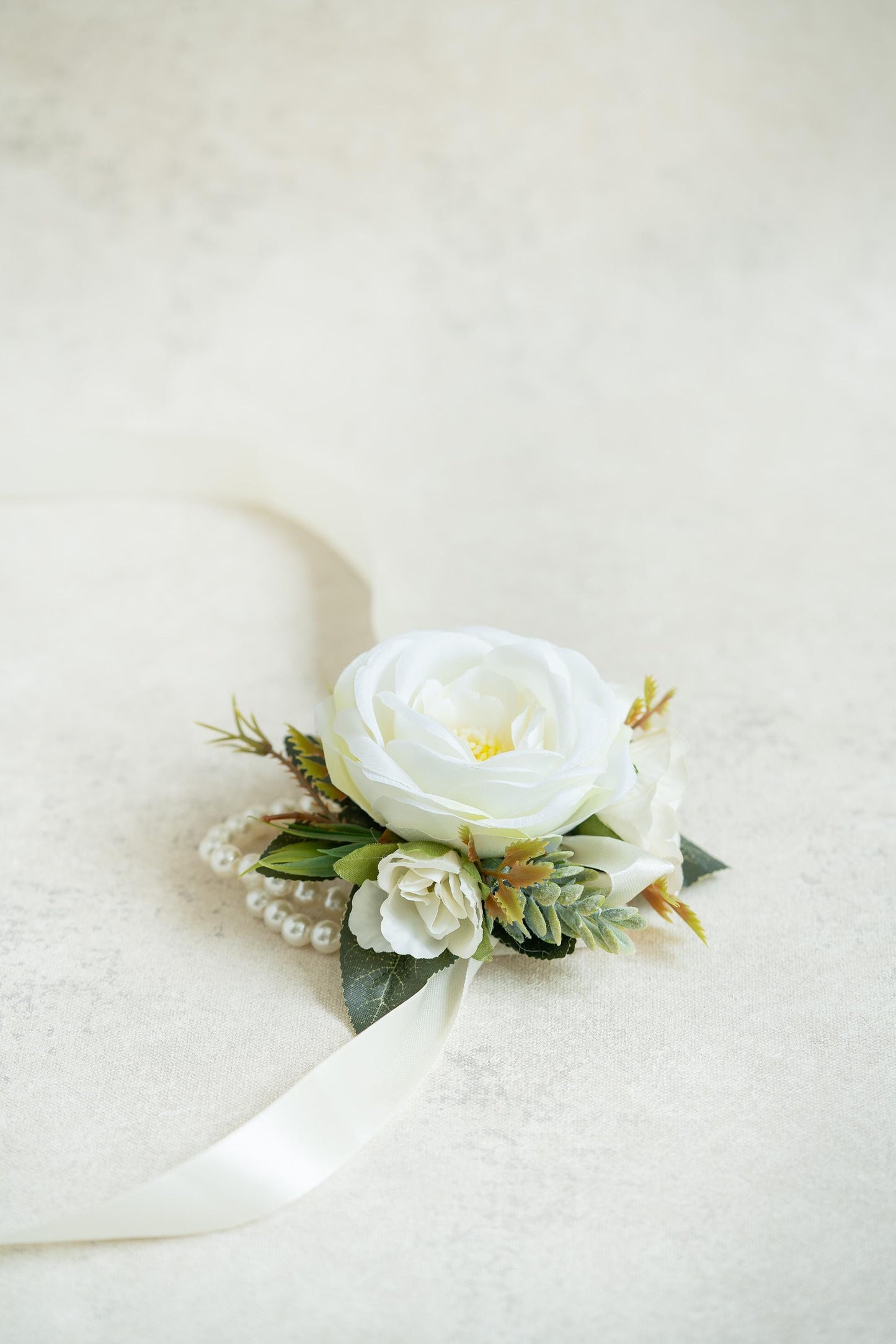 Soft White Rose Pearl Bracelet Wrist Ribbon Corsage Gift for Her Rustic Wedding, Prom, Bridesmaid, Bridal Accessories, Best Man Boutonniere