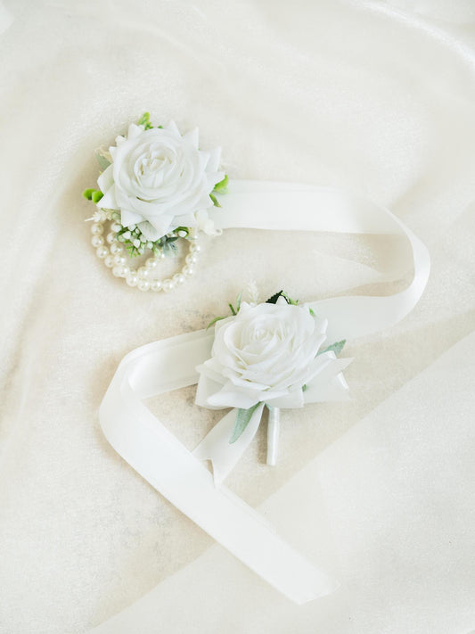 Real Touch White Rose Pearl Bracelet Wrist Corsage Gift for Her Bridesmaid, Prom Gift, Princess Wedding Bridal Accessories Gift, Boutonniere