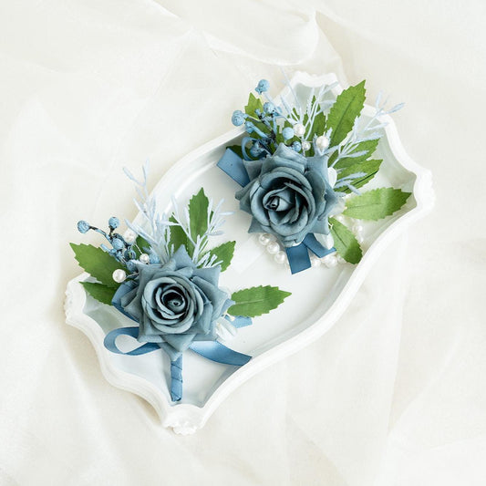 Dark Grey Blue Rose Pearl Bracelet Wrist Corsage Gift for Her Classic Wedding, Flower Girl, Bridesmaid, Prom Gift, Bridal Accessories Gift