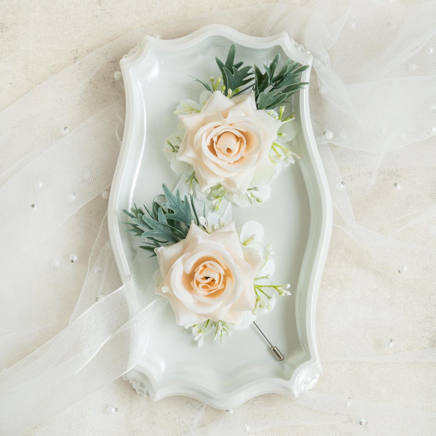 Soft White Rose Pearl Bracelet Wrist Corsage Gift for Her Elegant Wedding, Bridesmaid Gift, Prom Boutonniere, Mom Gift, Bridal Accessories