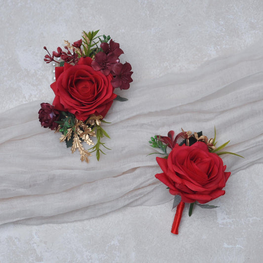 Large Real Touch Red Rose Pearl Bracelet Wrist Corsage Gift for Bridesmaid, Mom Anniversary, Bridal Accessories, Best Man Boutonniere Prom