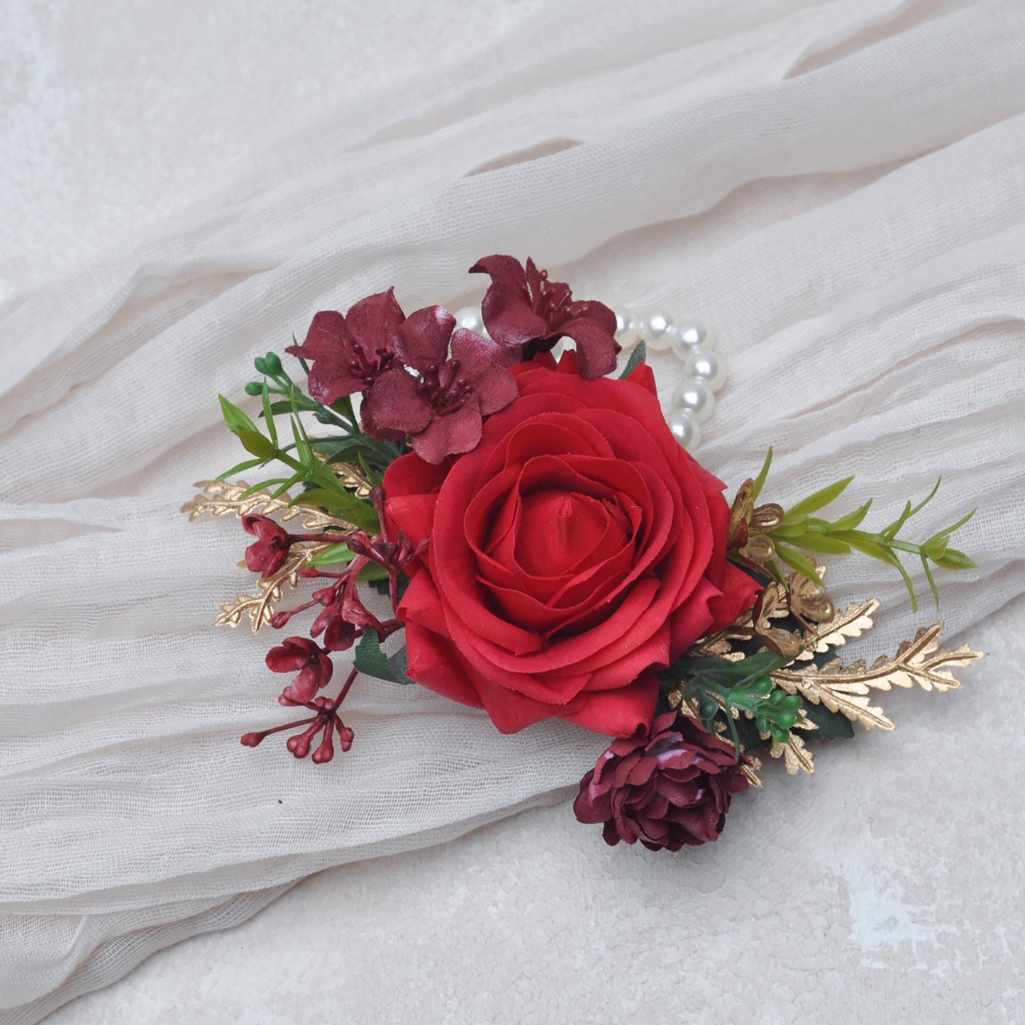 Large Real Touch Red Rose Pearl Bracelet Wrist Corsage Gift for Bridesmaid, Mom Anniversary, Bridal Accessories, Best Man Boutonniere Prom