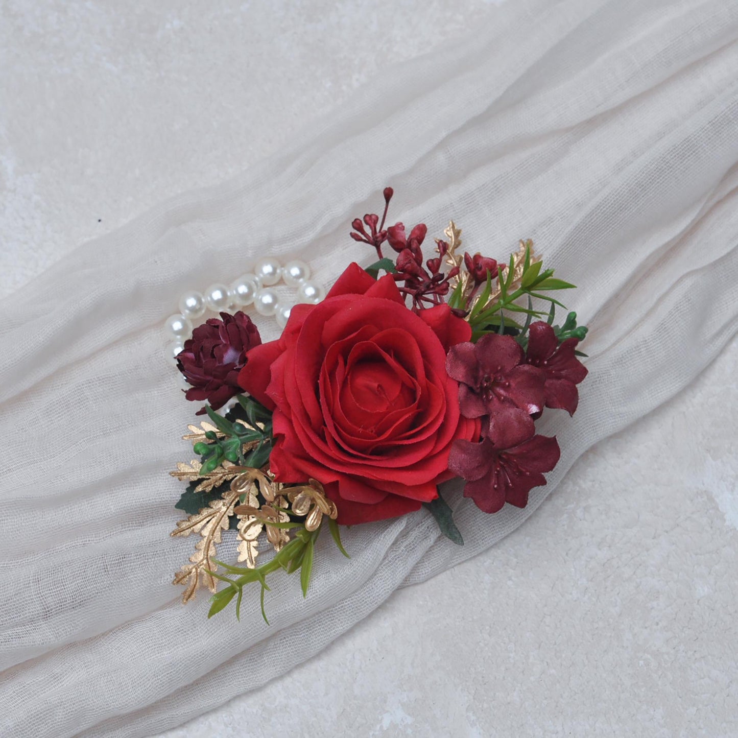 Large Real Touch Red Rose Pearl Bracelet Wrist Corsage Gift for Bridesmaid, Mom Anniversary, Bridal Accessories, Best Man Boutonniere Prom