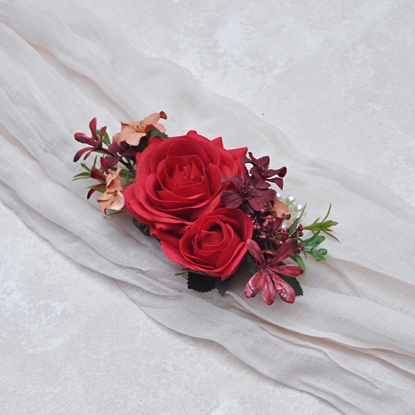 Big Real Touch Red Rose Pearl Bracelet Wrist Corsage Bridesmaid Gift for Mom, Wedding Bridal Accessories, Best Man Boutonniere Prom Gift