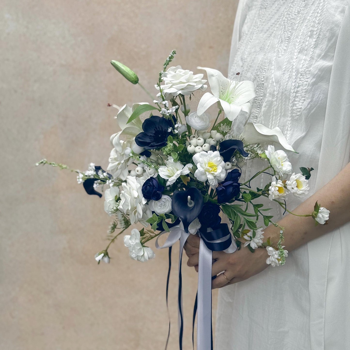 Wildflower Bridal Bouquet Collection - White Rose Wedding Bouquet, Navy Anemone Bouquet, Bridesmaid Bouquet, Design In Rose And Calla Lily