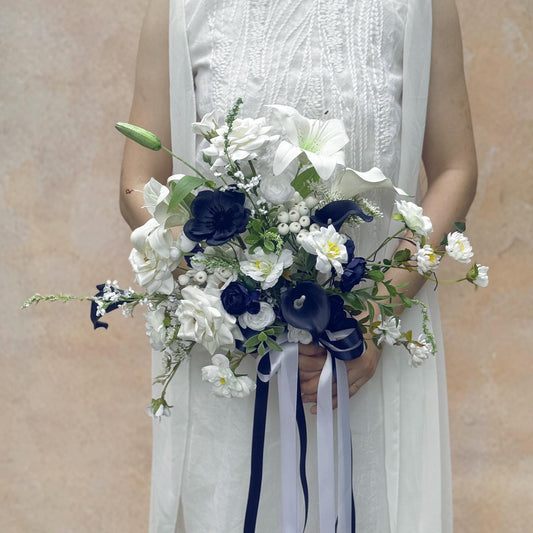 Wildflower Bridal Bouquet Collection - White Rose Wedding Bouquet, Navy Anemone Bouquet, Bridesmaid Bouquet, Design In Rose And Calla Lily