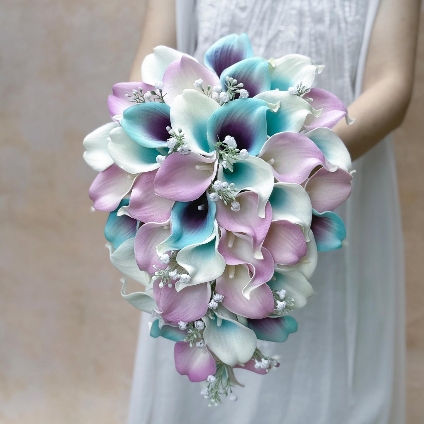 Tiffany Blue Picasso Calla Lily Bridal Bouquet, Real Touch Aqua Spa Bridesmaid Bouquet, Real Touch Lilac Wedding Bouquet, Wedding Gift