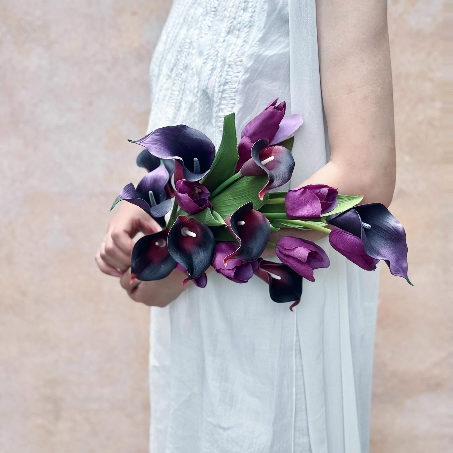 Plum Tulip Calla Lily Flower Bouquet, EVA Floral Arrangements For Home Decor, Simple Rustic Wedding Bouquet For Bridesmaid Gift, Table Decor