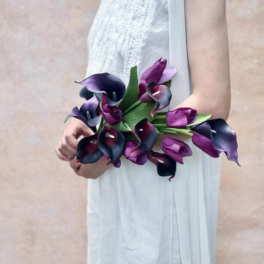Plum Tulip Calla Lily Flower Bouquet, EVA Floral Arrangements For Home Decor, Simple Rustic Wedding Bouquet For Bridesmaid Gift, Table Decor