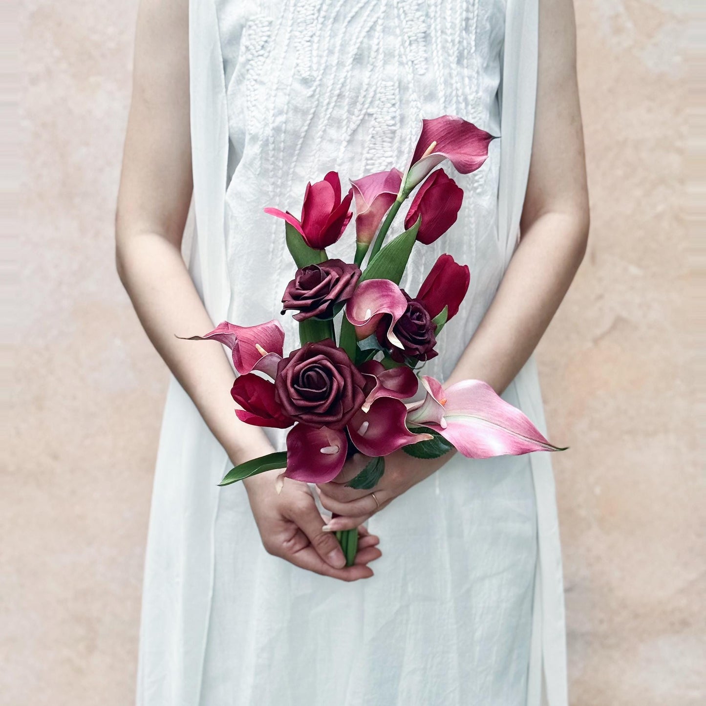 Plum Tulip Calla Lily Flower Bouquet, EVA Floral Arrangements For Home Decor, Simple Rustic Wedding Bouquet For Bridesmaid Gift, Table Decor