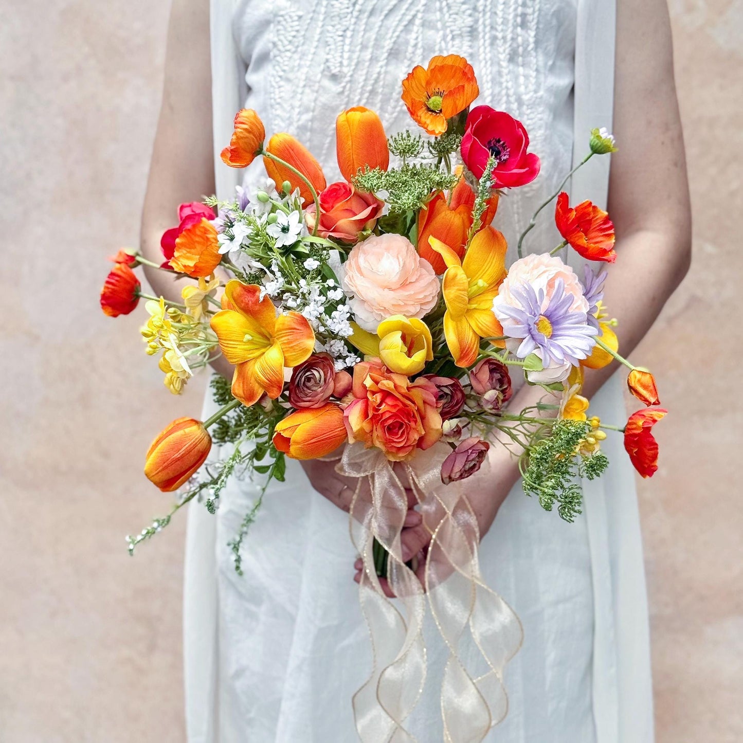 Large Bohemian Rose Bridal Bouquet For Rustic Fall Wedding - Real Touch Sunset Tulip Bouquet, Boho Wedding Bridesmaid Bouquet Gift Box