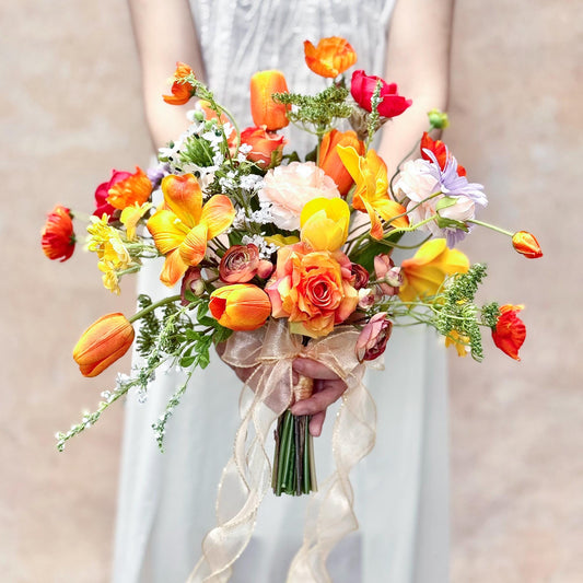 Large Bohemian Rose Bridal Bouquet For Rustic Fall Wedding - Real Touch Sunset Tulip Bouquet, Boho Wedding Bridesmaid Bouquet Gift Box