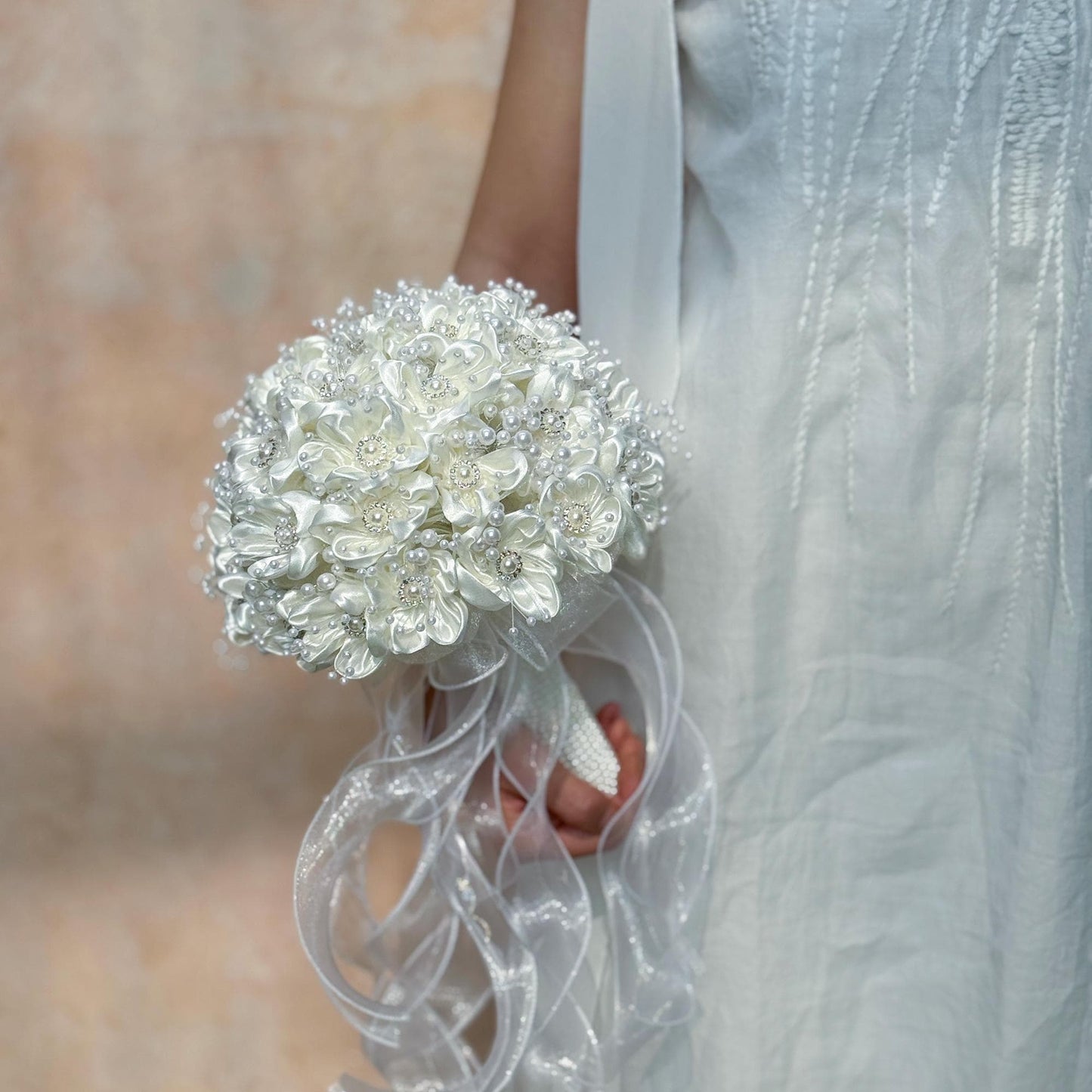 Elegant Pearl Ivory Ribbon Rose Bouquet, Personalized Wedding Rose Flowers, Bridesmaid Gift Idea, Wedding Engagement Gifts Ideas