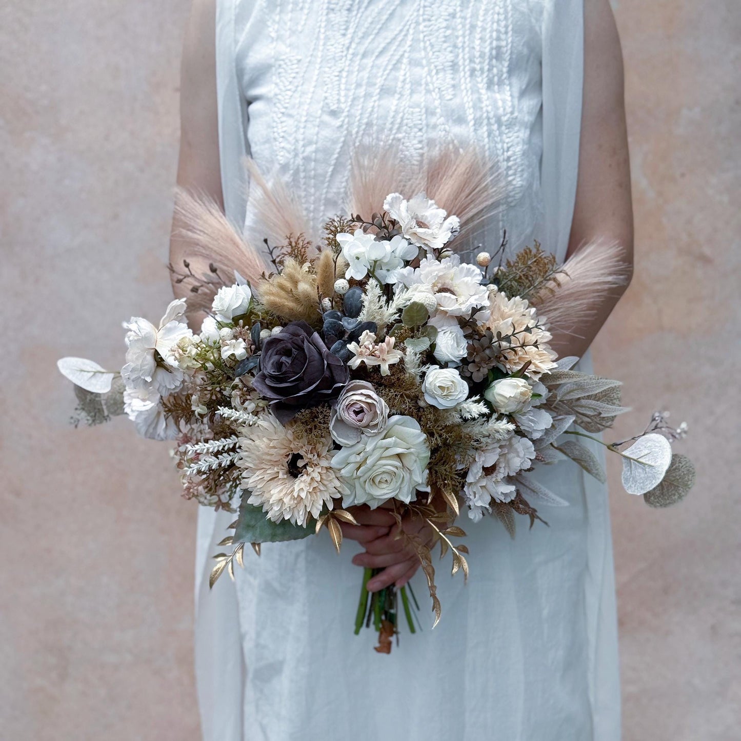 Chic Dried Wildflower Bridal Bouquet With Retro Eucalyptus And Peony Accents, Best Gift For Fall Wedding, Bridal Bouquet, Bridesmaid Bouquet
