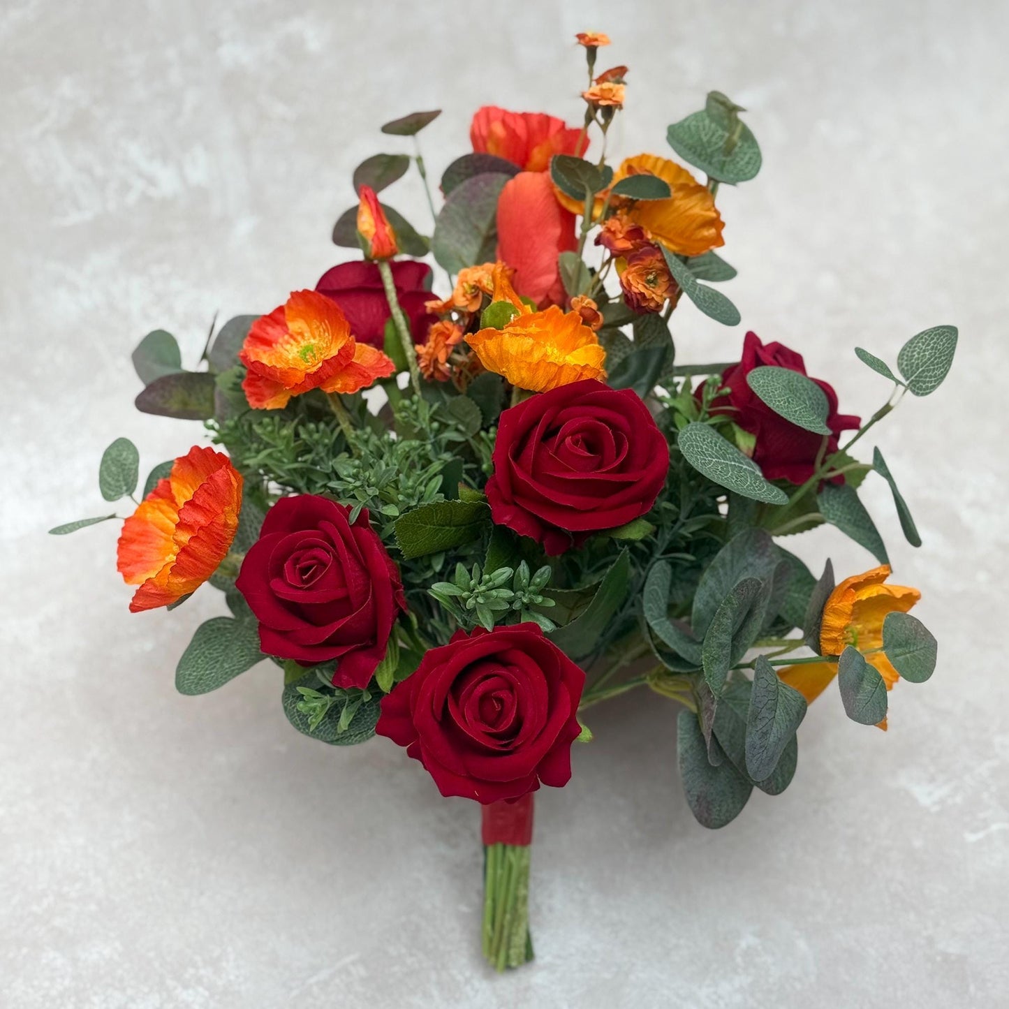 Boho Silk Bouquet For Autumn Bliss, Vibrant Red Rose Mix Orange Poppy Bouquet, Classical Red Bridesmaid Bouquet, Gift For Her, Table Decor