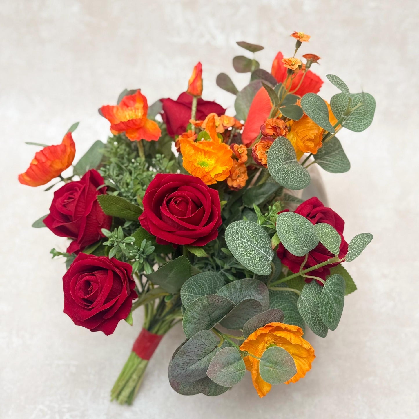 Boho Silk Bouquet For Autumn Bliss, Vibrant Red Rose Mix Orange Poppy Bouquet, Classical Red Bridesmaid Bouquet, Gift For Her, Table Decor