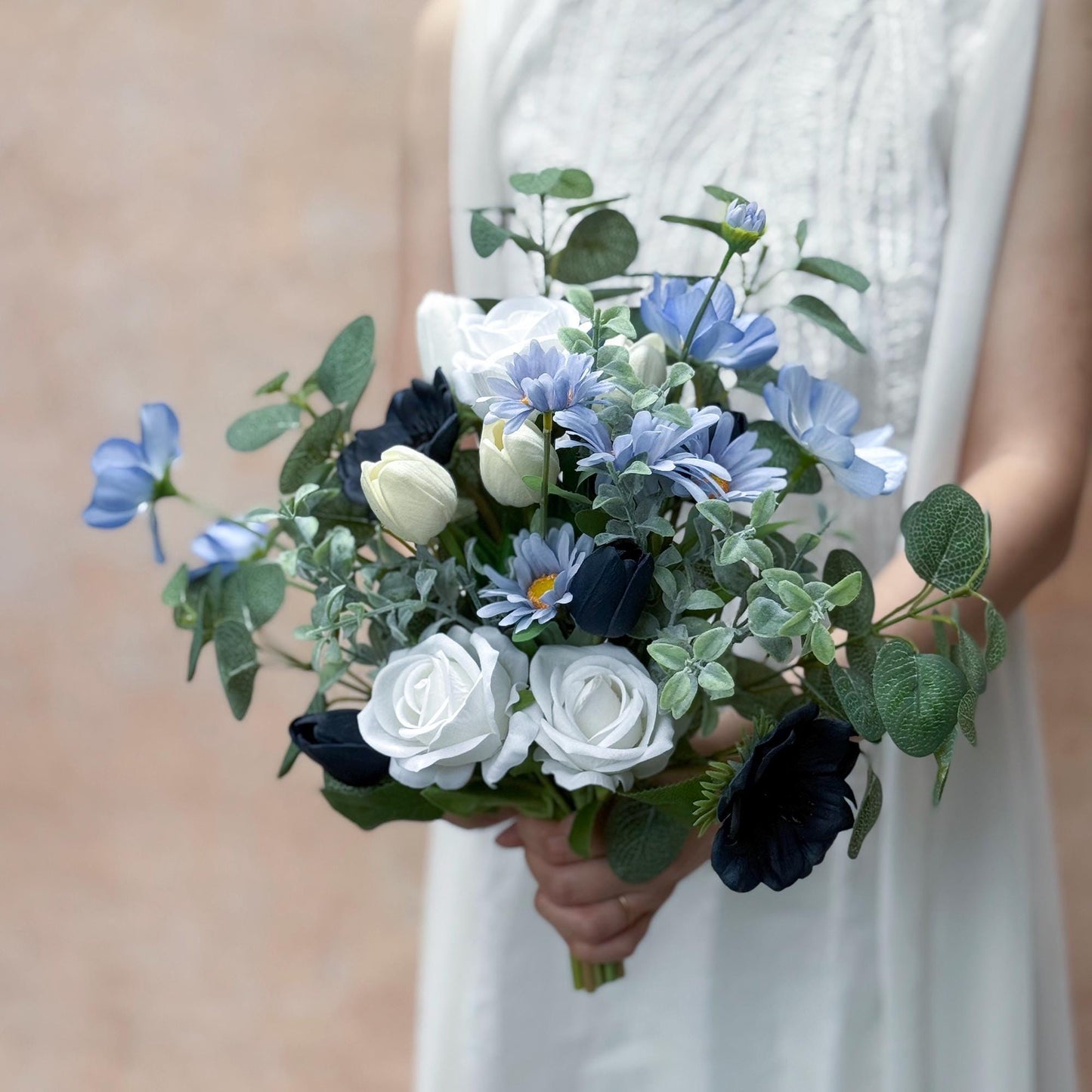 Vintage Rose Rustic Bouquet Collection - Navy Blue Tulip & Eucalyptus, Navy Anemone Bridal Bouquet, Bridesmaid Wildflower Bouquet In Basket
