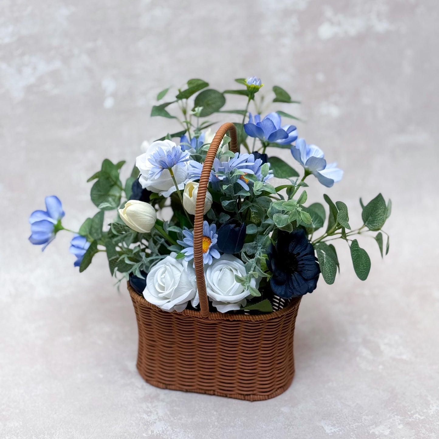 Vintage Rose Rustic Bouquet Collection - Navy Blue Tulip & Eucalyptus, Navy Anemone Bridal Bouquet, Bridesmaid Wildflower Bouquet In Basket