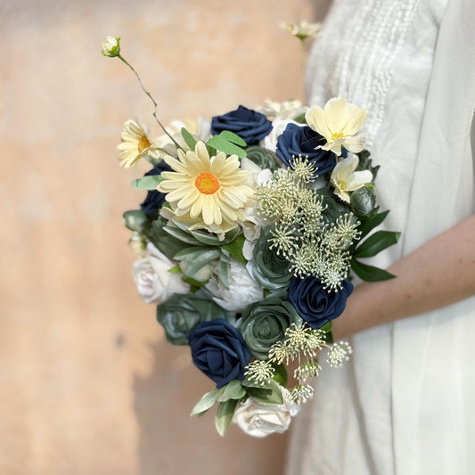 Cascade Olive Green Peony Bridal Bouquet Box, Navy Rose Bridesmaid Bouquet, Vintage Forest Jungle Clematis Gift For Her, Bridal Accessories