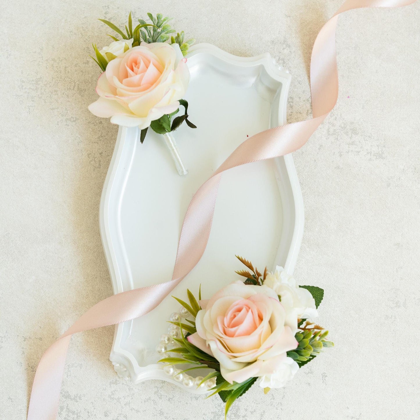 Real Touch Champagne Pink Rose Pearl Bracelet Wrist Corsage Gift For Her Mom, Prom, Bridesmaid Bridal Accessories, Boutonniere Wedding Gift