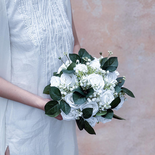 Rustic White Rose Bridal Bouquet With Baby's Breath Collection, White Wedding Bouquet, White Bridesmaid Bouquet Gifts For Her Bridal Shower