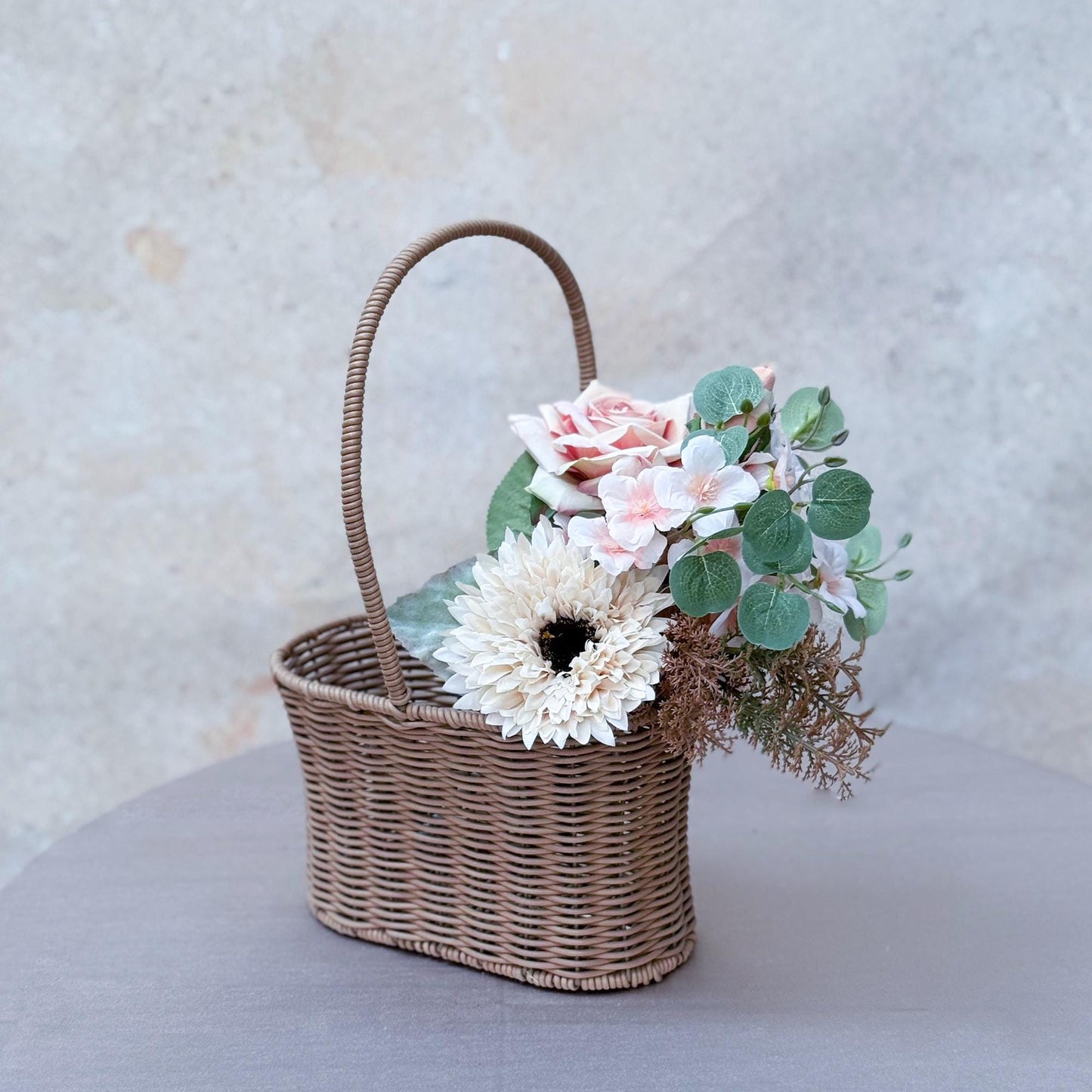 Small Rustic Cream White Sunflower Wedding Bouquet, Silk Champagne Pink Rose, Gift for Her, DIY Table Centerpiece Arrangements, Cake Topper