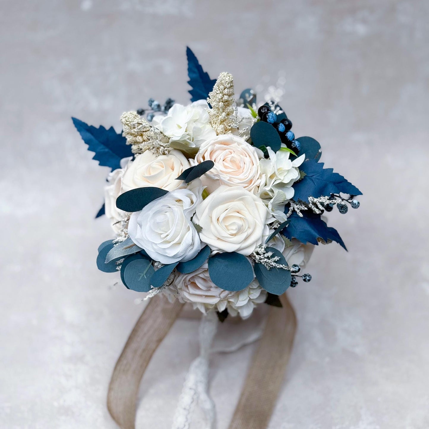 Rustic Cream Rose Bridal Bouquet, Champagne White Rose Bouquet, Grey Blue Bridesmaid Bouquet Gift For Her Wedding, Bridal Accessories