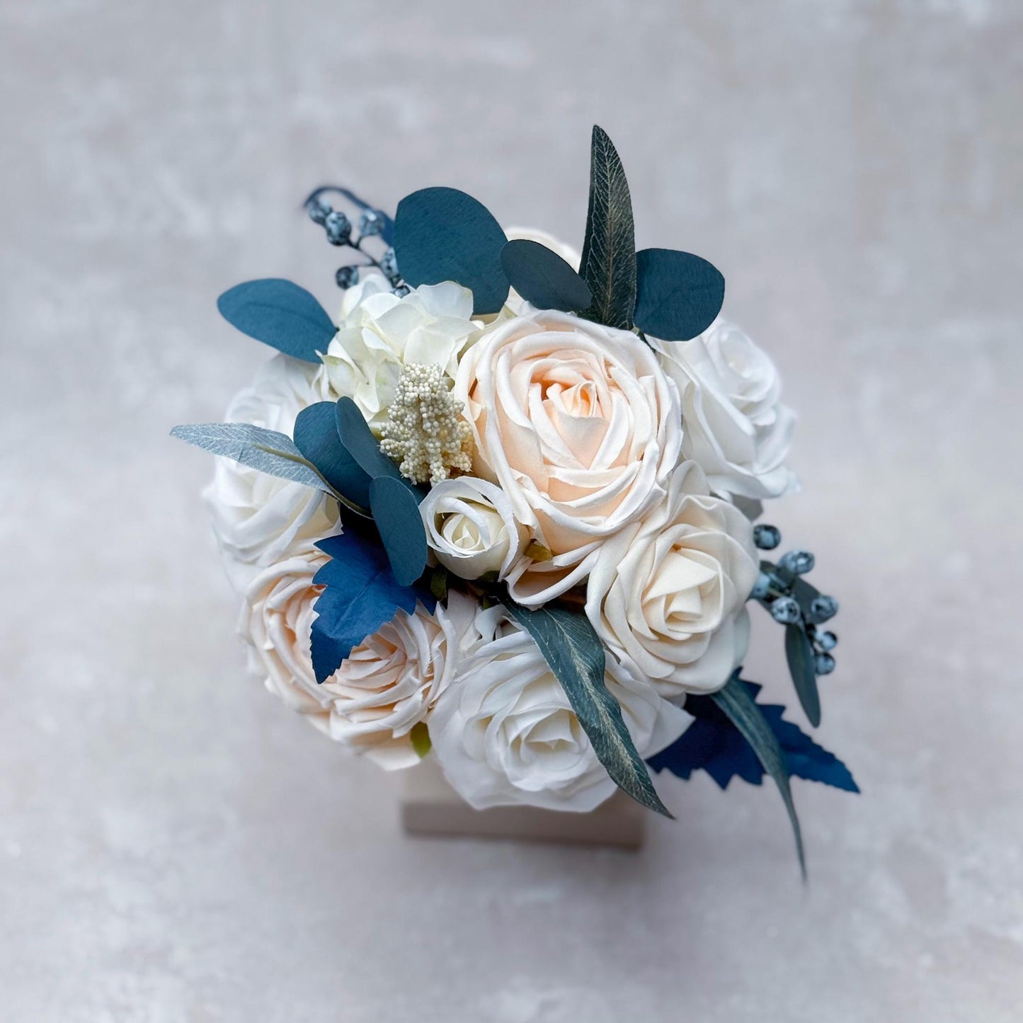 Rustic Cream Rose Bridal Bouquet, Champagne White Rose Bouquet, Grey Blue Bridesmaid Bouquet Gift For Her Wedding, Bridal Accessories