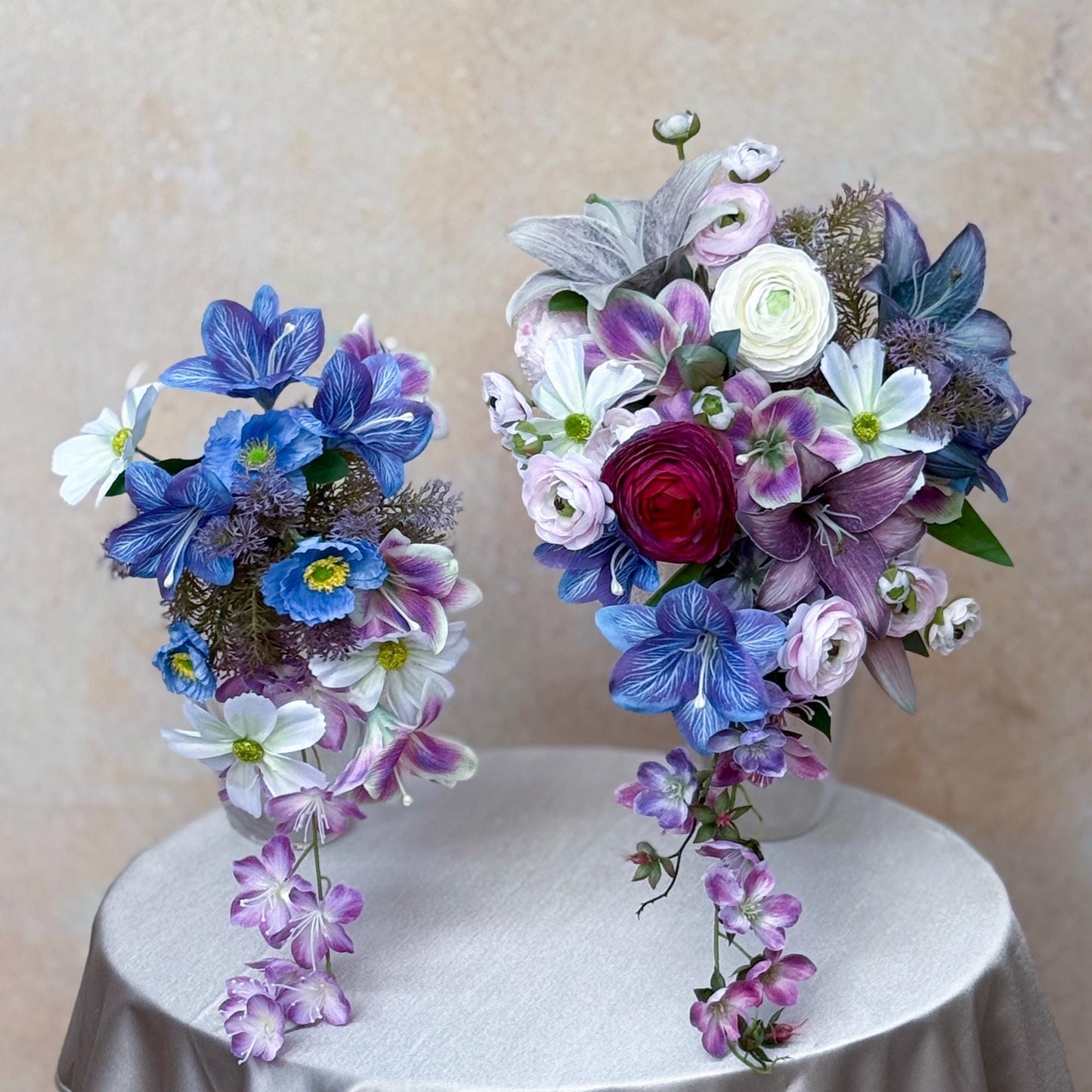 Cascade Bohemian Wildflower Bridal Bouquet Box- Pink Purple blue Wildflower wedding bouquet, Blue Lily Bridesmaid Bouquet, Gift For Her Swag