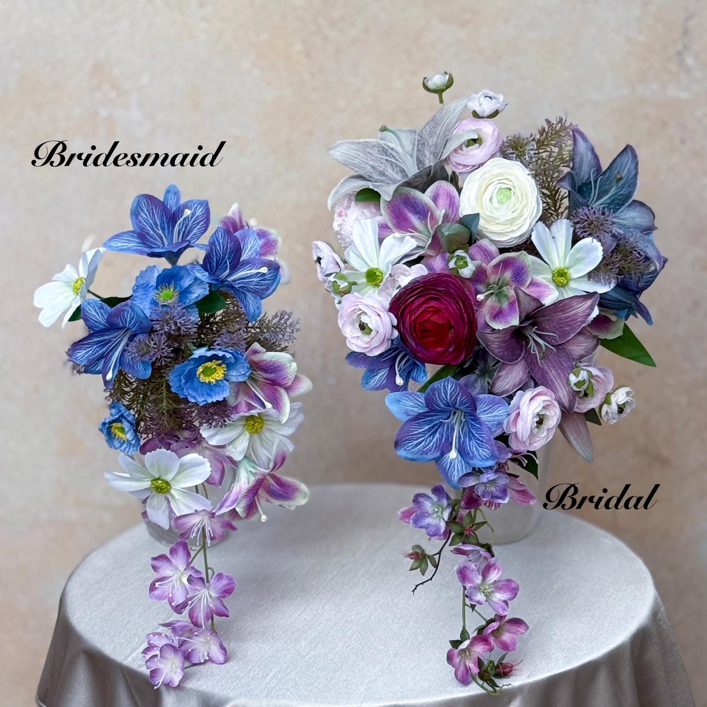 Cascade Bohemian Wildflower Bridal Bouquet Box- Pink Purple blue Wildflower wedding bouquet, Blue Lily Bridesmaid Bouquet, Gift For Her Swag