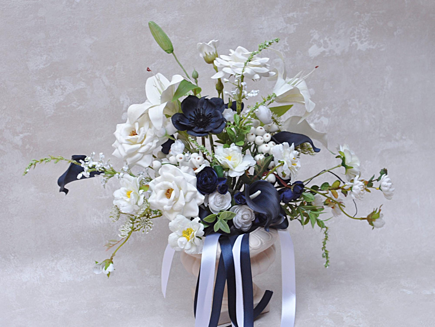 Wildflower Bridal Bouquet Collection - White Rose Wedding Bouquet, Navy Anemone Bouquet, Bridesmaid Bouquet, Design In Rose And Calla Lily