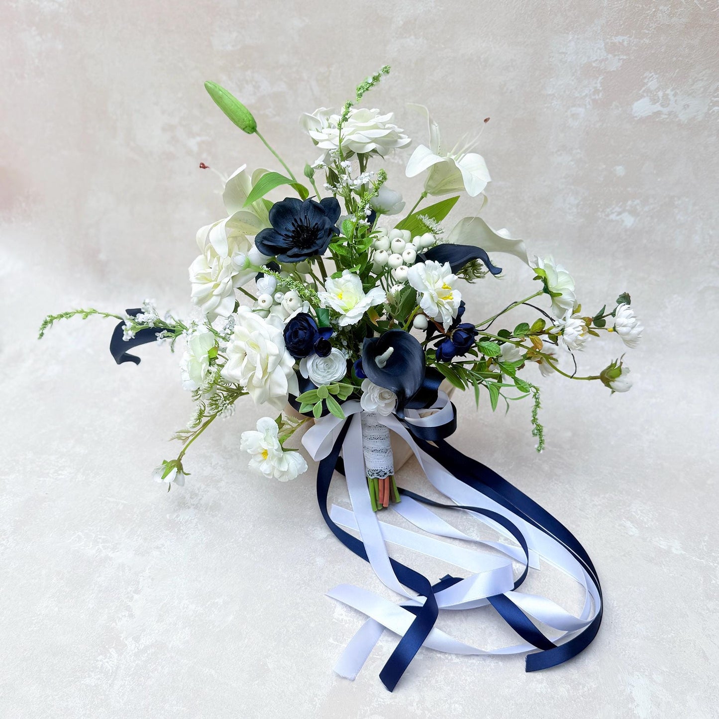 Wildflower Bridal Bouquet Collection - White Rose Wedding Bouquet, Navy Anemone Bouquet, Bridesmaid Bouquet, Design In Rose And Calla Lily